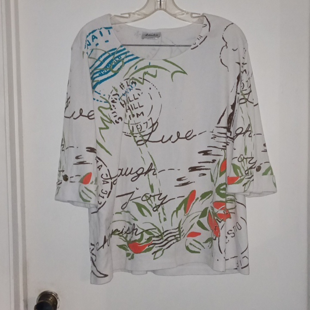 Links White with Colorful Graphics Long Sleeve Top M